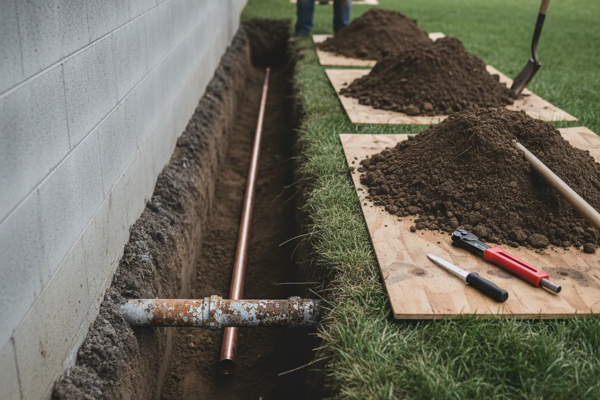 Excavated water line trench during Sewer Line Repair in Hercules